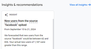 GA4 screenshot of the Insights on the Home screen with a link to View all insights