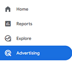 GA4 screenshot showing the Advertising tab selected in the left navigation