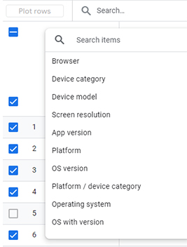 GA4 screenshot of the Tech Details report using the plus symbol to change Primary Dimension