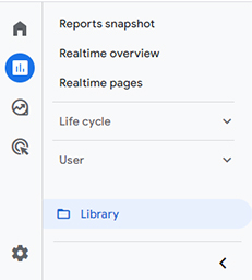 GA4 screenshot of the Reporting navigation with the Library option selected