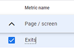 GA4 screenshot showing the Exits metric selected within the Explore reporting