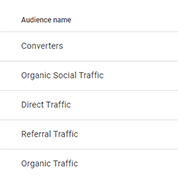 GA4 screenshot showing custom Audiences