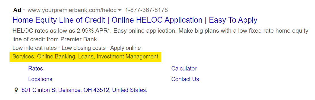 Paid Search Image with Structured Snippets Extensions