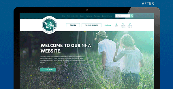 Animated image of the before and after screenshots of the Firefly Credit Union site