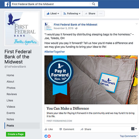 First Federal Bank Pay it Forward Facebook example