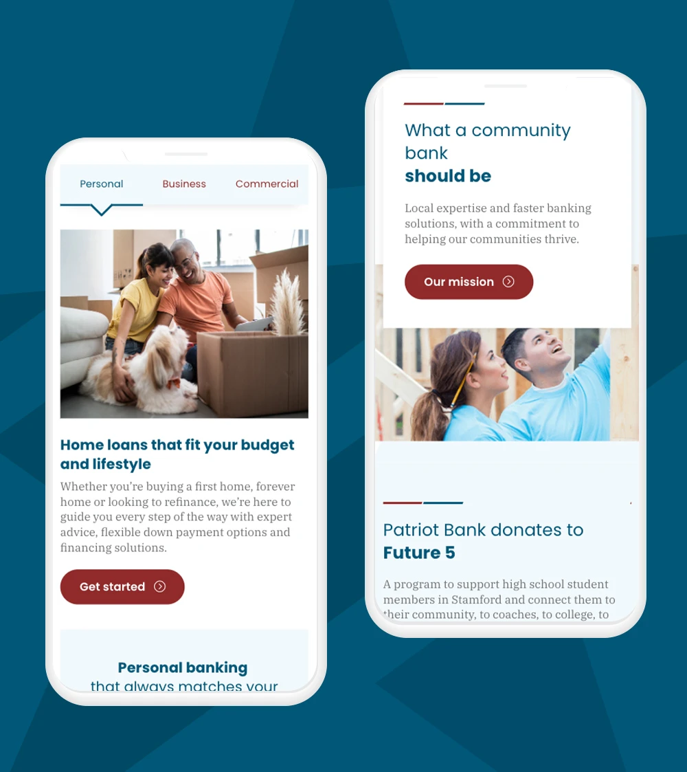 Patriot Bank site on two mobile phones