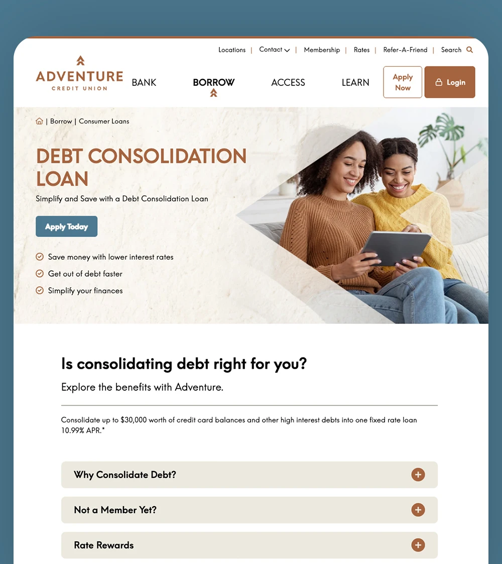 Debt Consolidation loan page on Adventure site