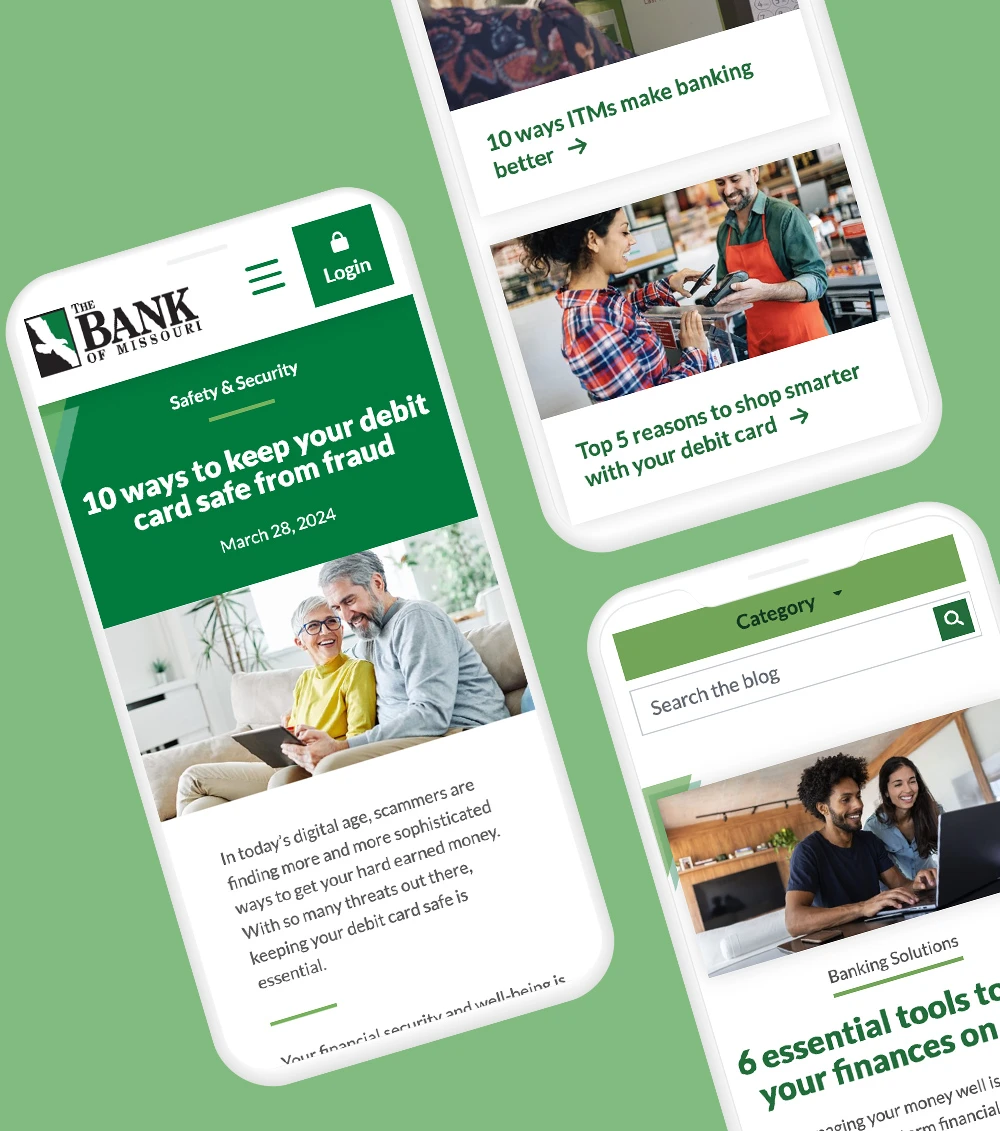 Bank of Missouri site on 3 mobile phones