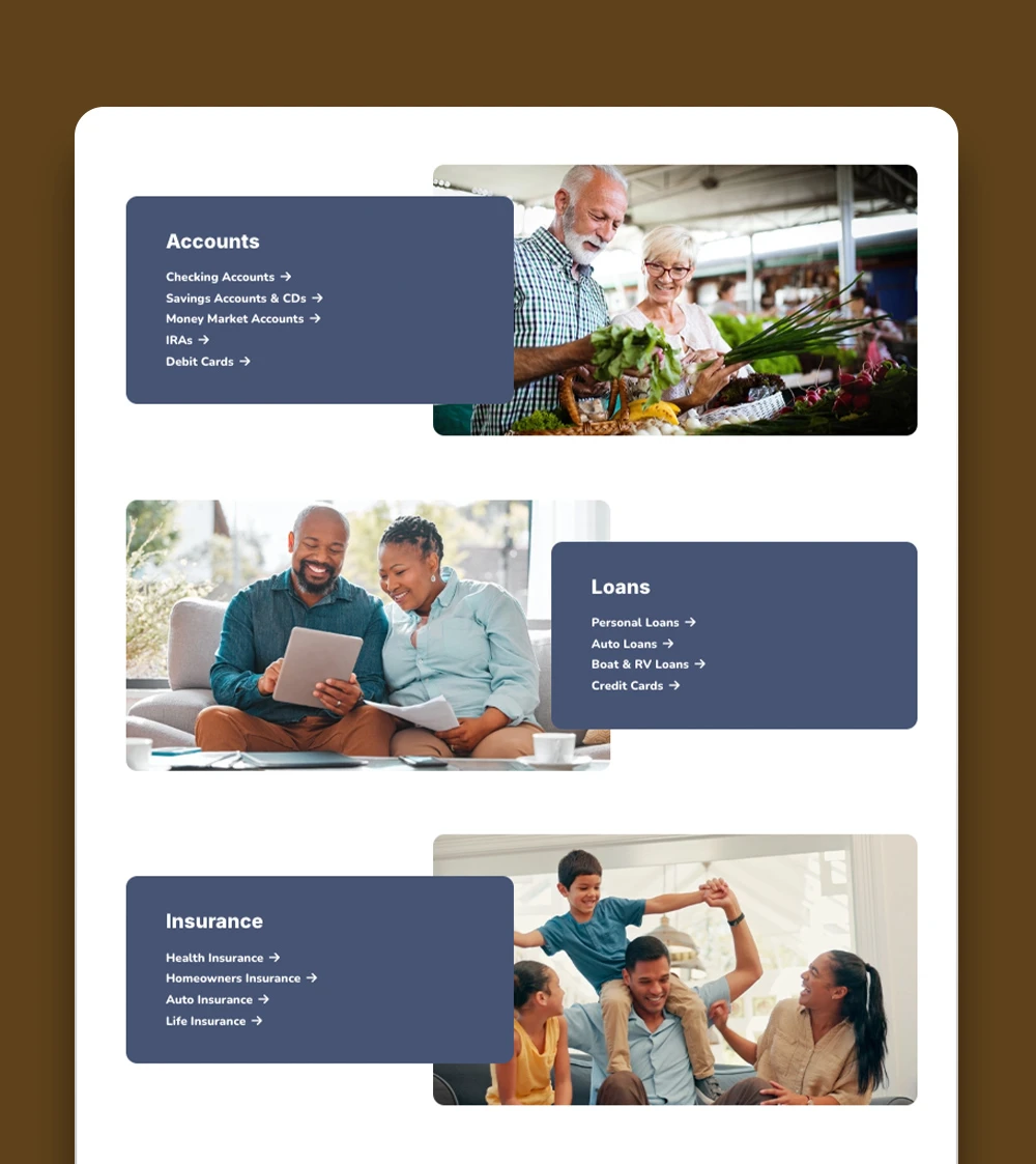 Accounts, Loans, and Insurance links on BankWest Page