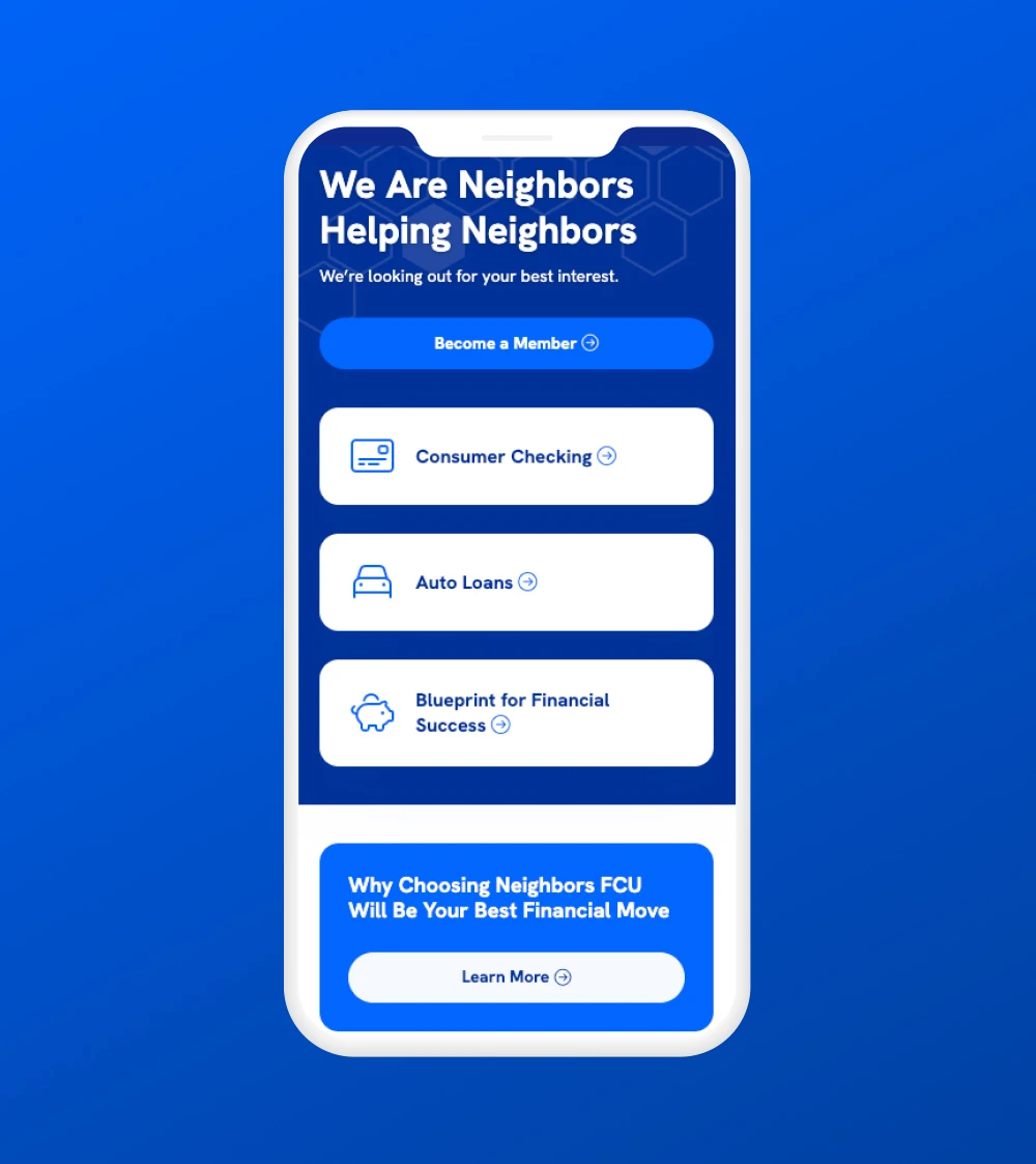 Neighbors FCU Homepage on a mobile phone