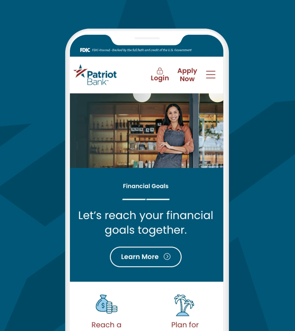 Patriot Bank Homepage on a mobile phone