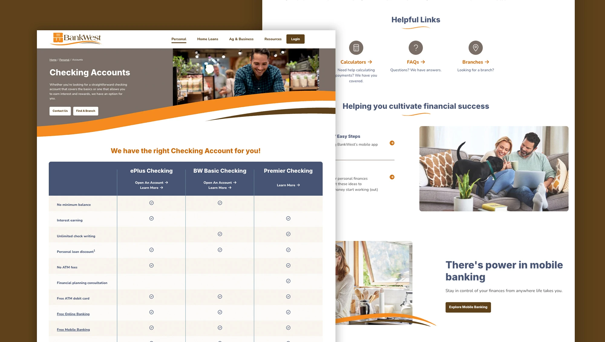 BankWest Checking Accounts page and homepage