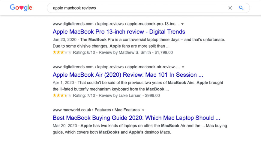 review-schema Google listing of Apple MacBook Air 2020 reviews.