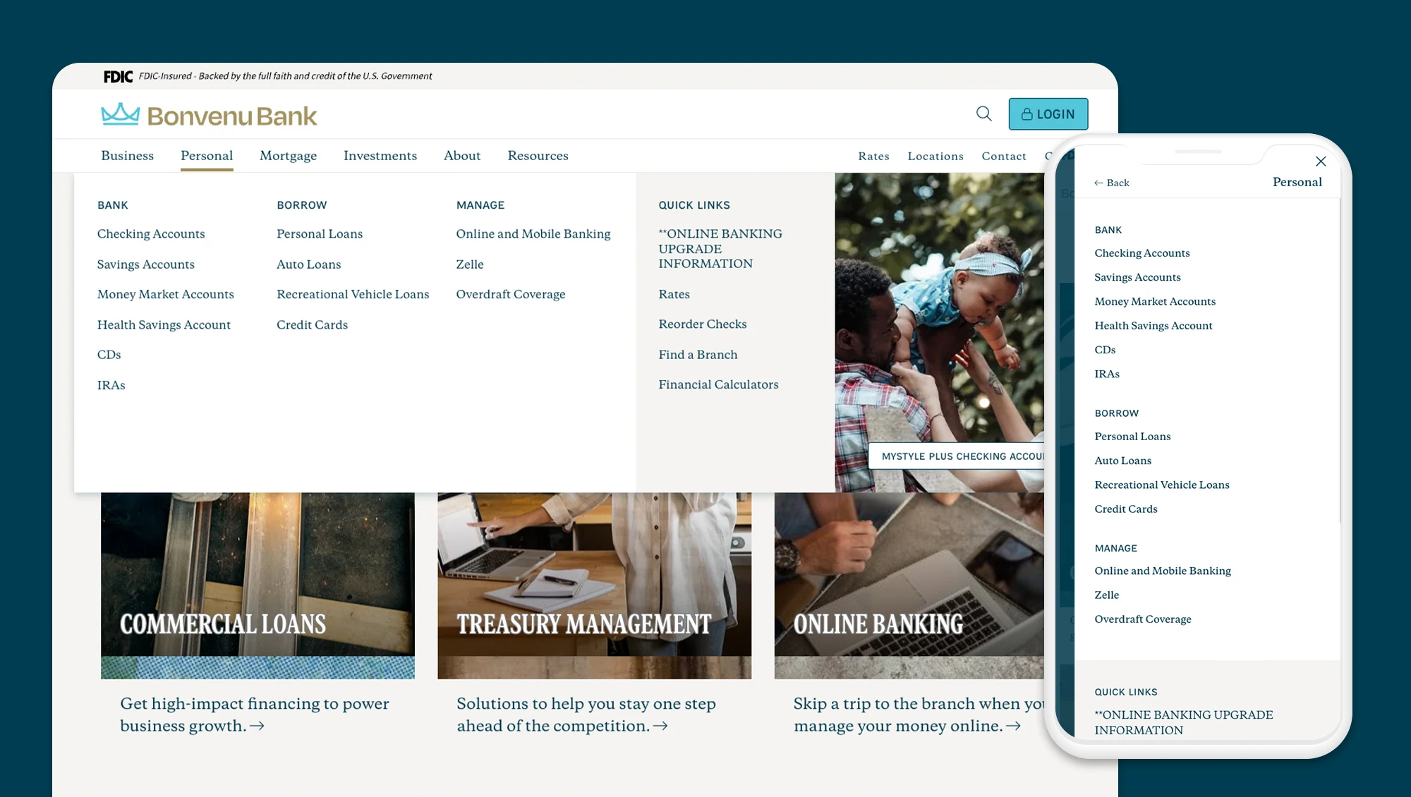 Bonvenu Bank menu on desktop and mobile